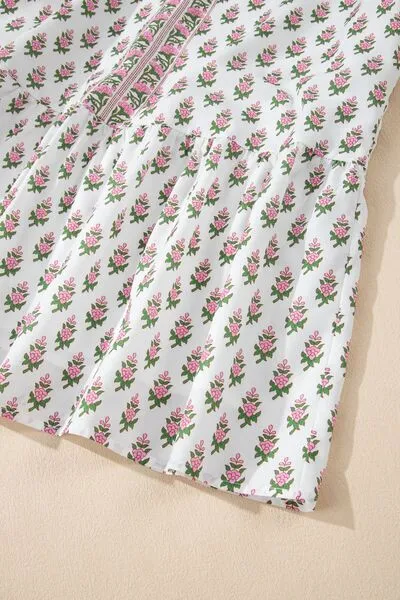 Floral Print Puff Sleeve Tie Neck Ruffled Hem Dress