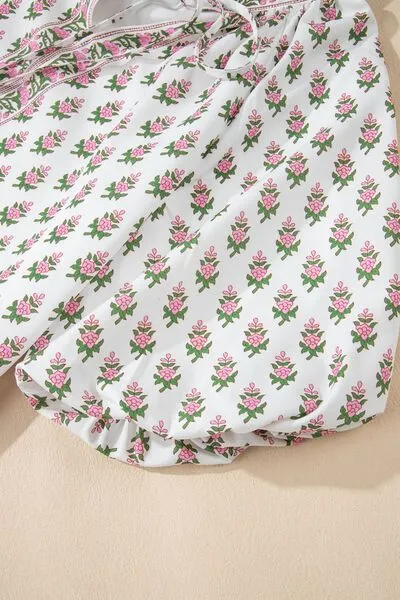 Floral Print Puff Sleeve Tie Neck Ruffled Hem Dress