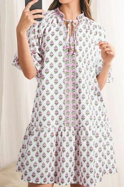 Floral Print Puff Sleeve Tie Neck Ruffled Hem Dress