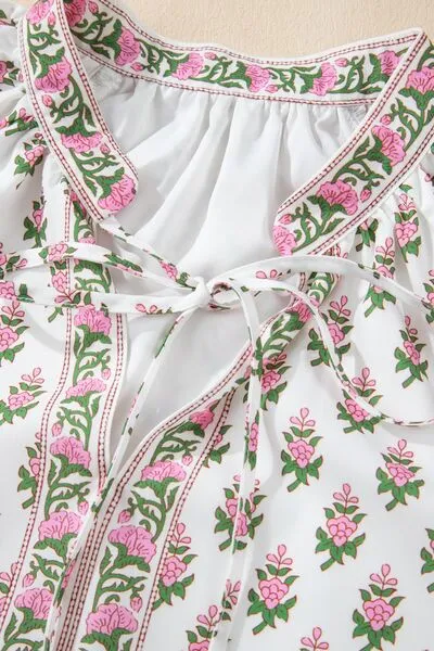 Floral Print Puff Sleeve Tie Neck Ruffled Hem Dress