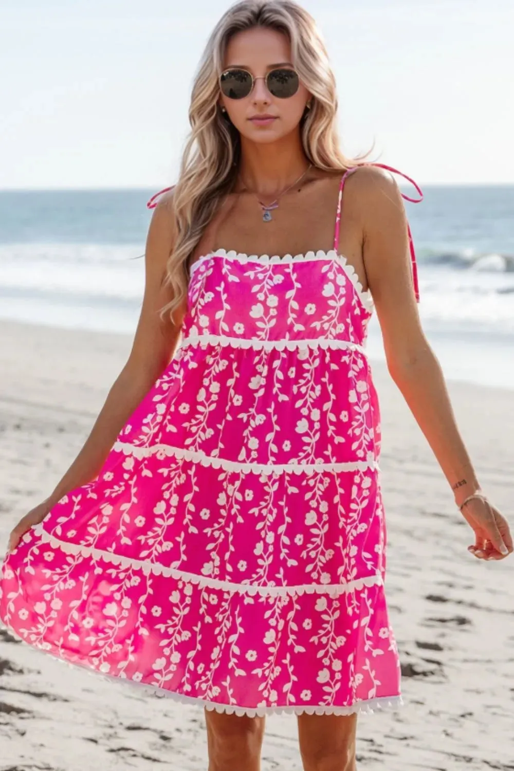 Floral Print Ric Rac Patched Sleeveless Mini Dress