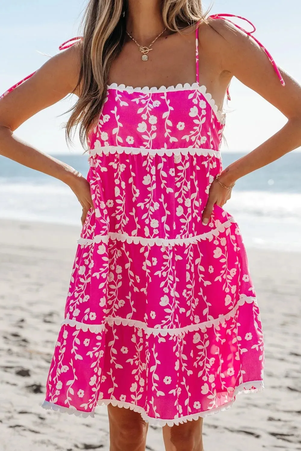 Floral Print Ric Rac Patched Sleeveless Mini Dress