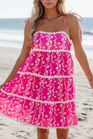 Floral Print Ric Rac Patched Sleeveless Mini Dress