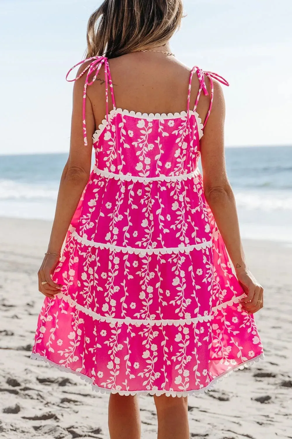 Floral Print Ric Rac Patched Sleeveless Mini Dress