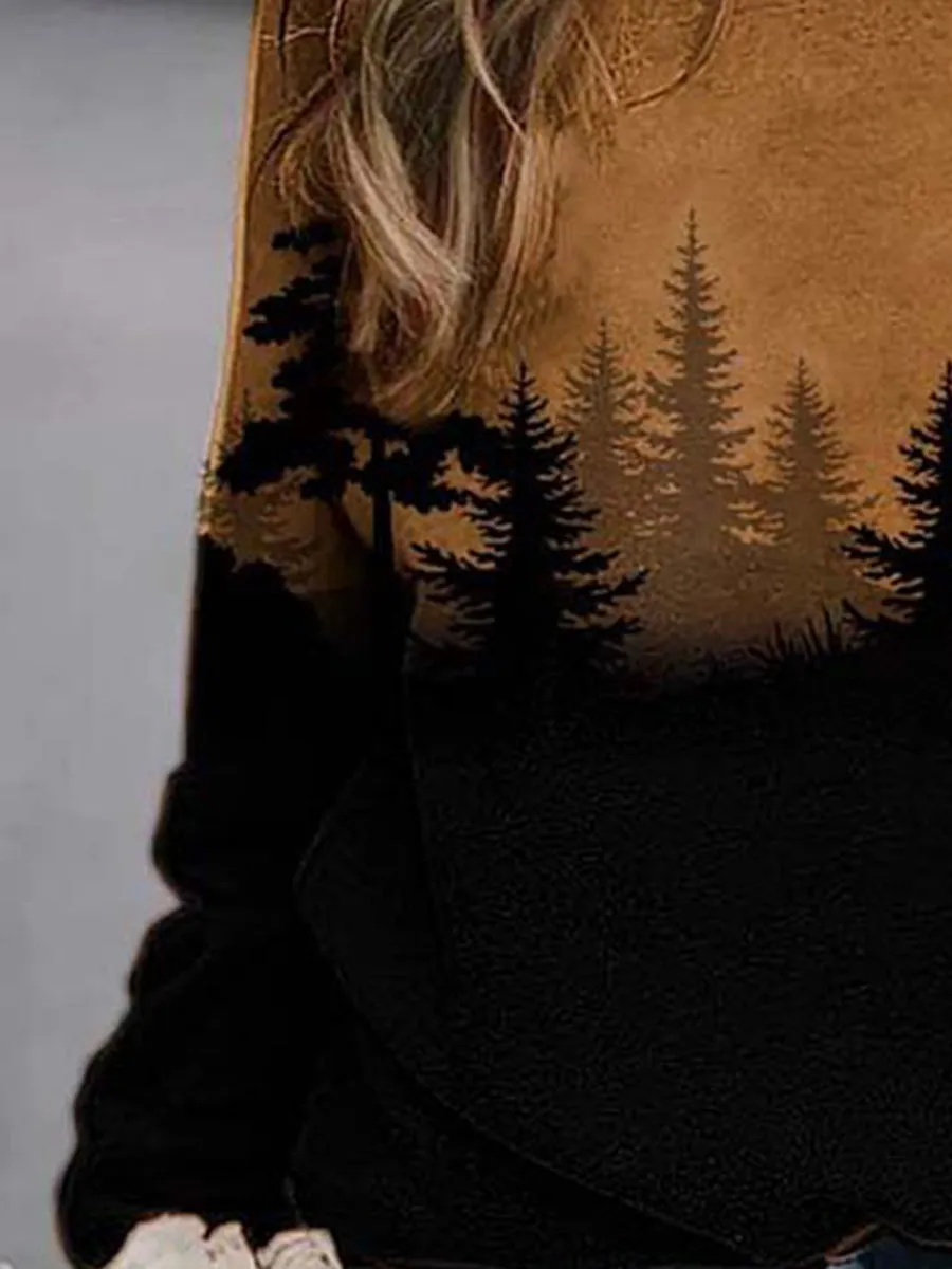Forest Print Round Neck Long Sleeve Hoodies
