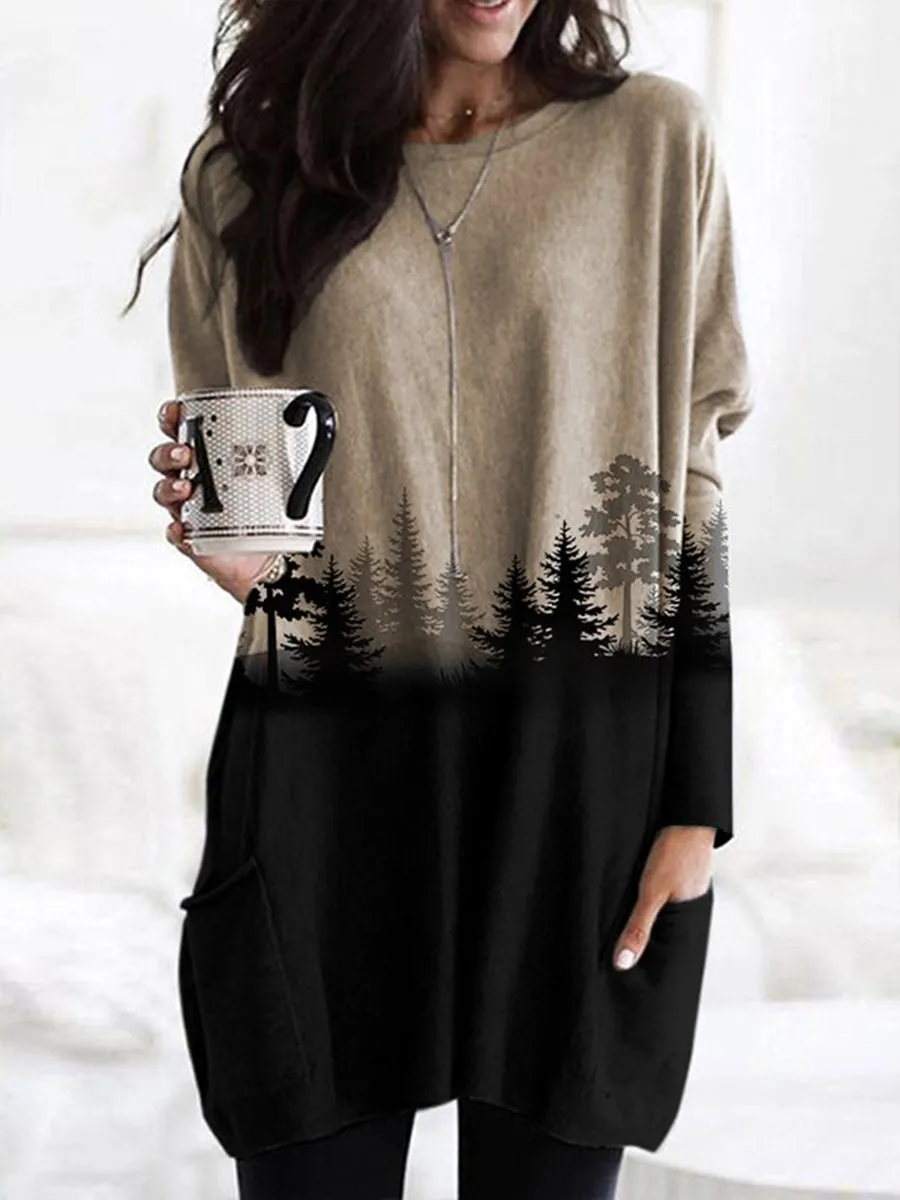 Forest Print Round Neck Long Sleeve Hoodies