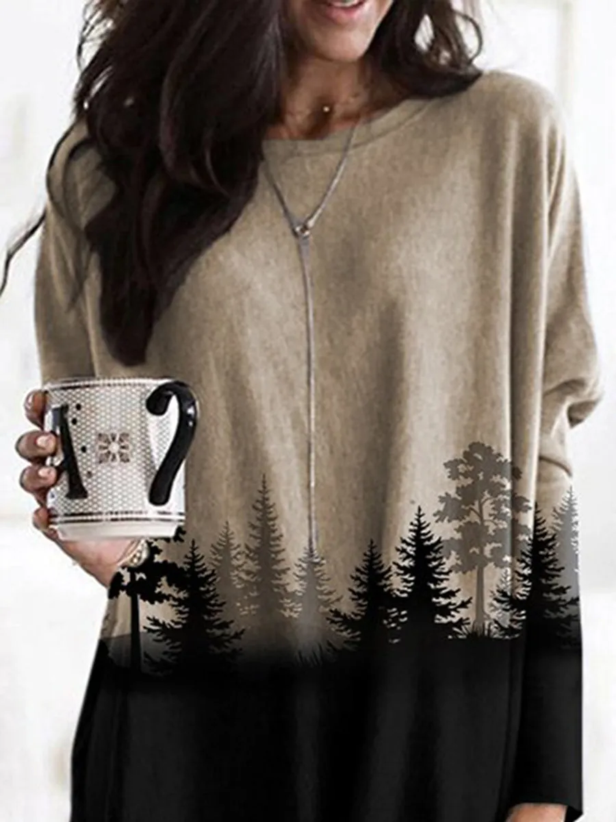 Forest Print Round Neck Long Sleeve Hoodies