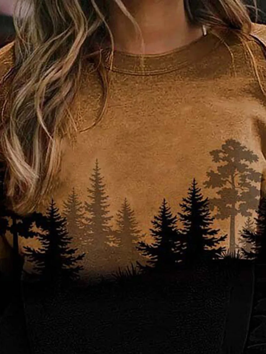 Forest Print Round Neck Long Sleeve Hoodies
