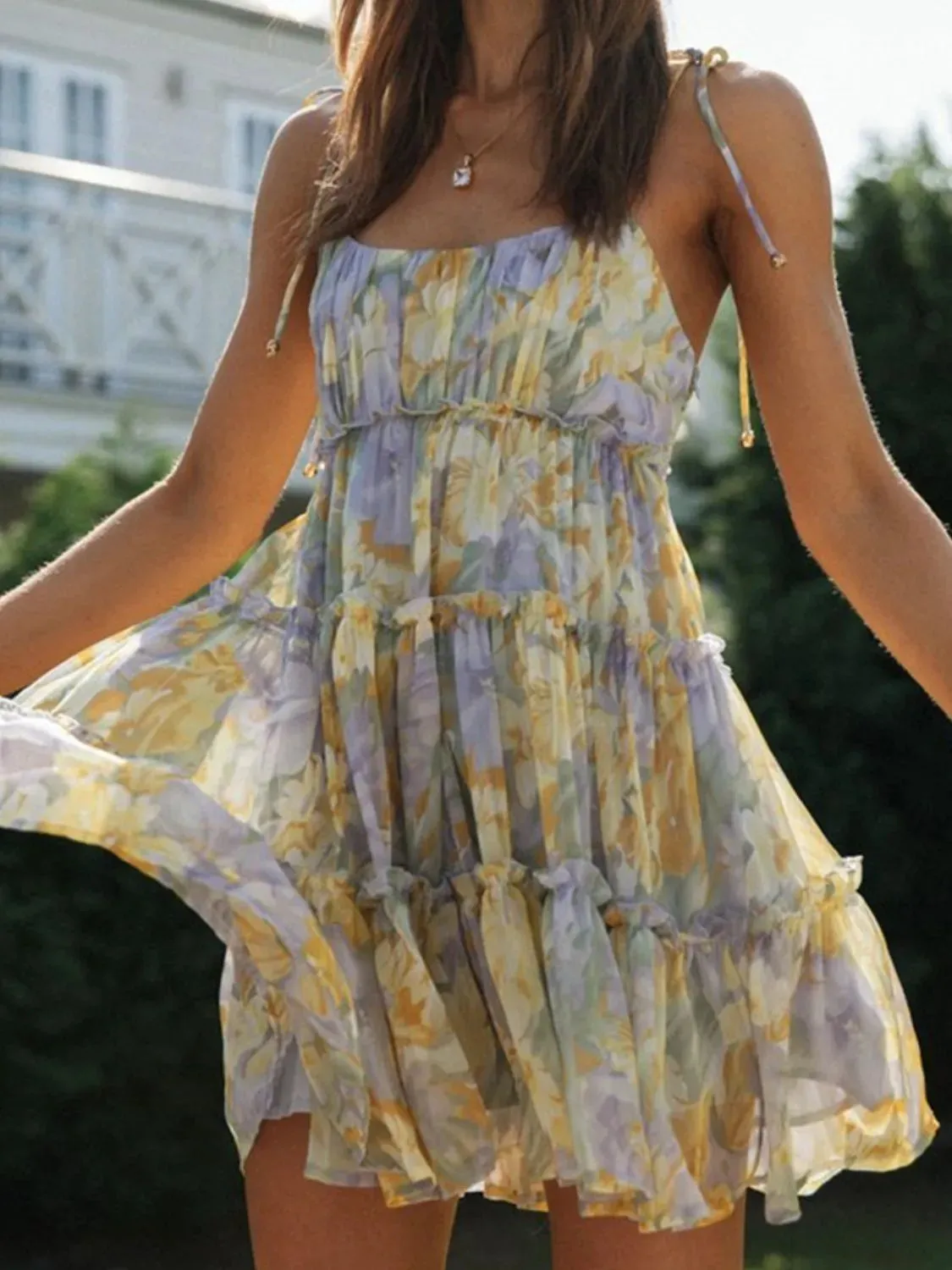 Frill Printed Square Neck Mini Cami Dress