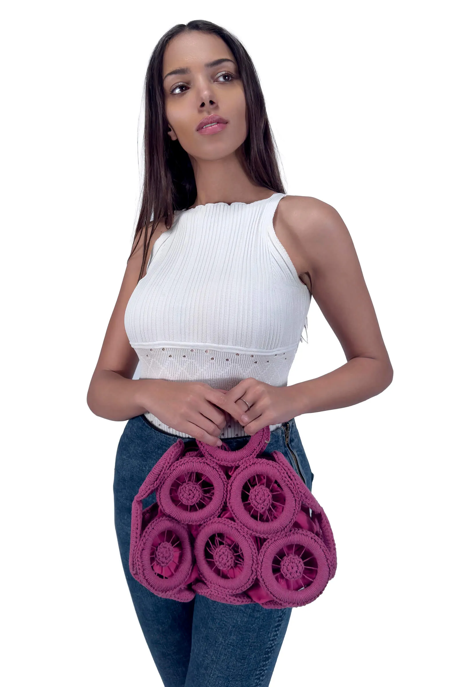 Fuchsia Rosette Circular Handbag