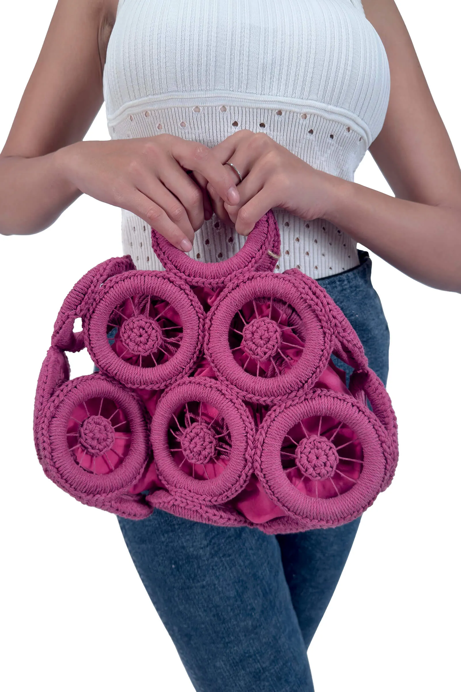 Fuchsia Rosette Circular Handbag