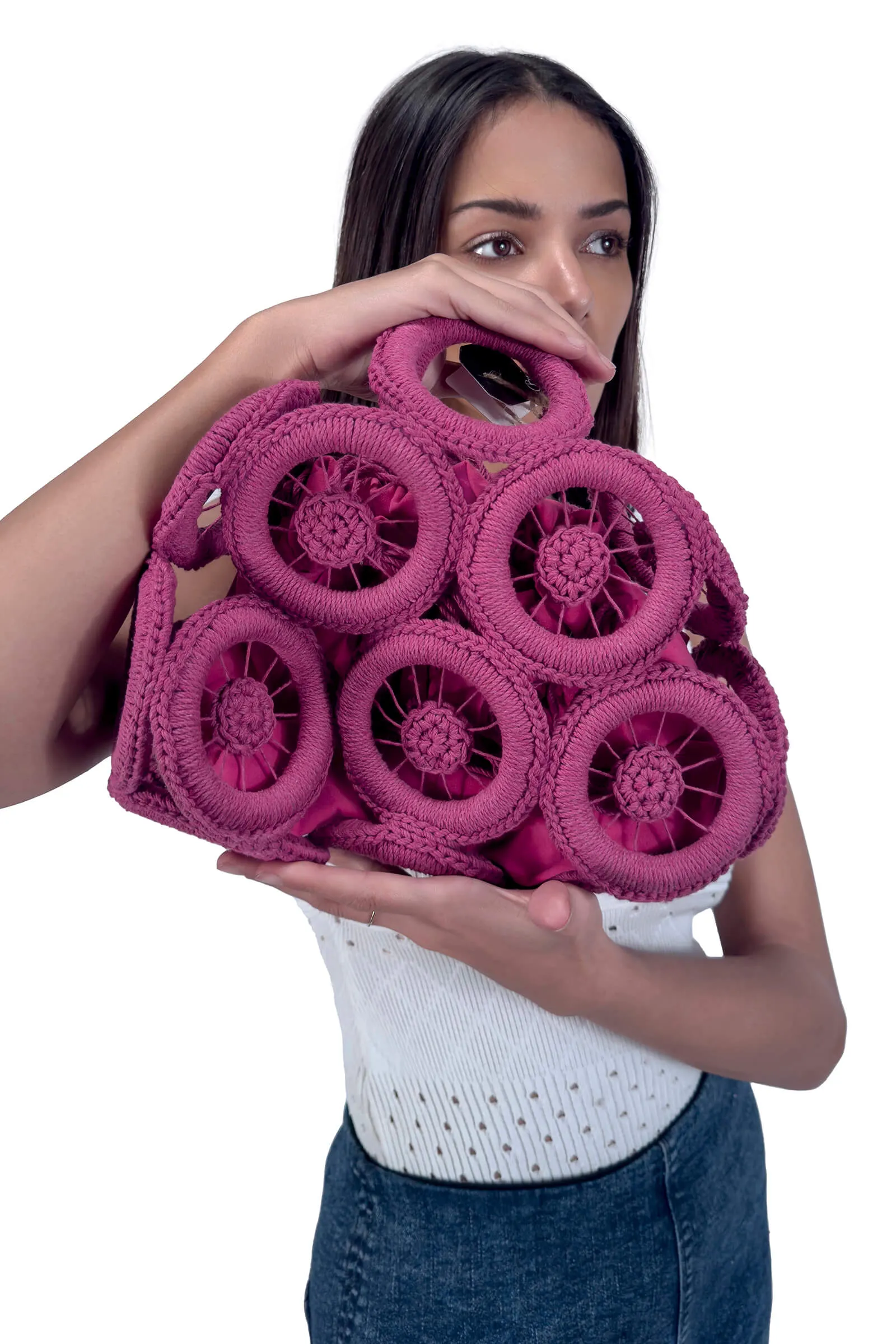 Fuchsia Rosette Circular Handbag