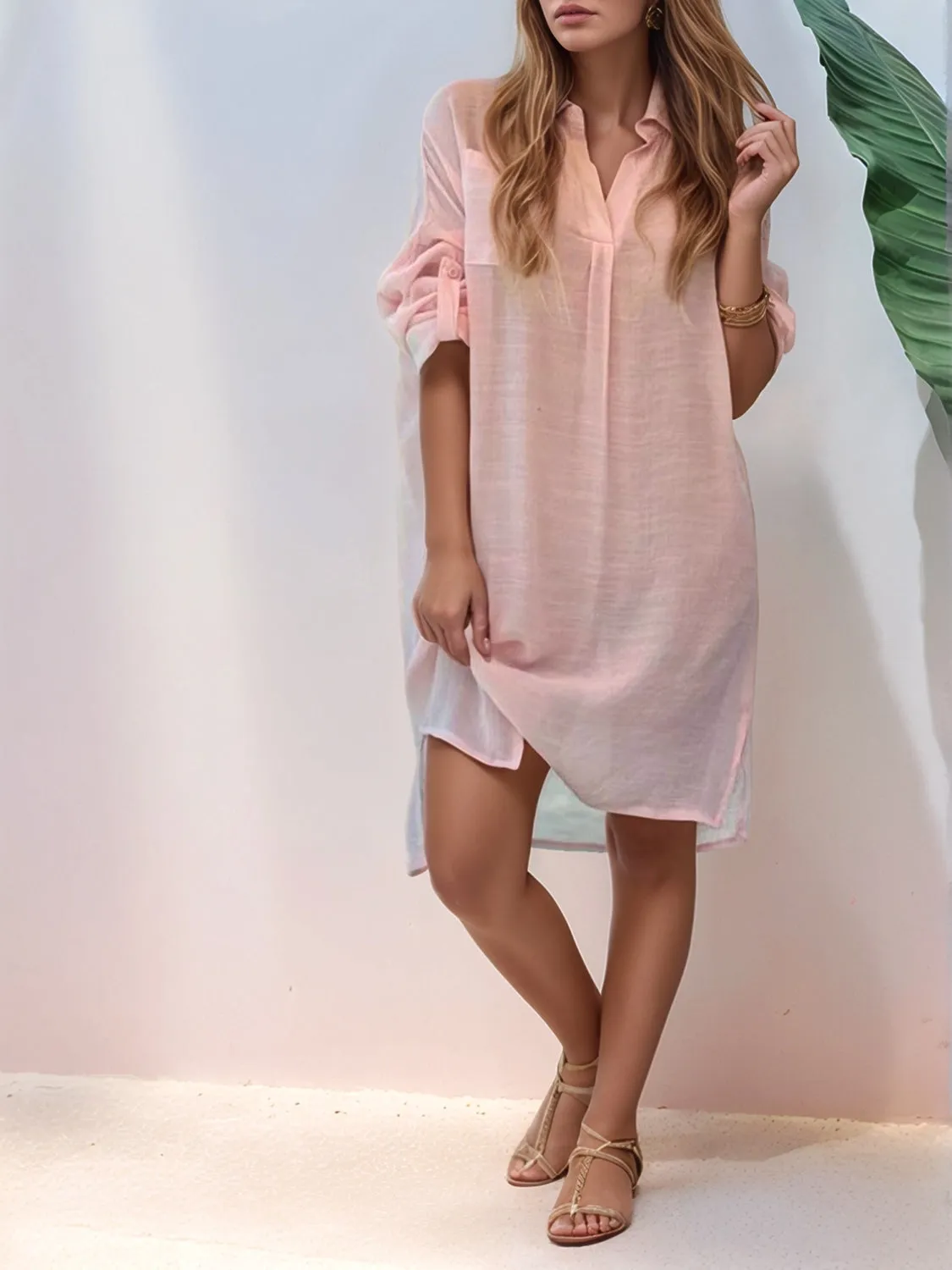 Full Size Side Slit Roll-Tab Sleeve Mini Shirt Dress Plus Size