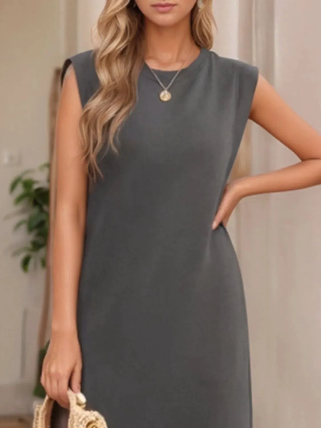 Full Size Slit Round Neck Sleeveless Maxi Tank Dress Plus Size