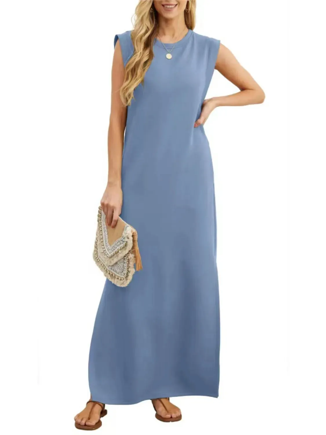 Full Size Slit Round Neck Sleeveless Maxi Tank Dress Plus Size