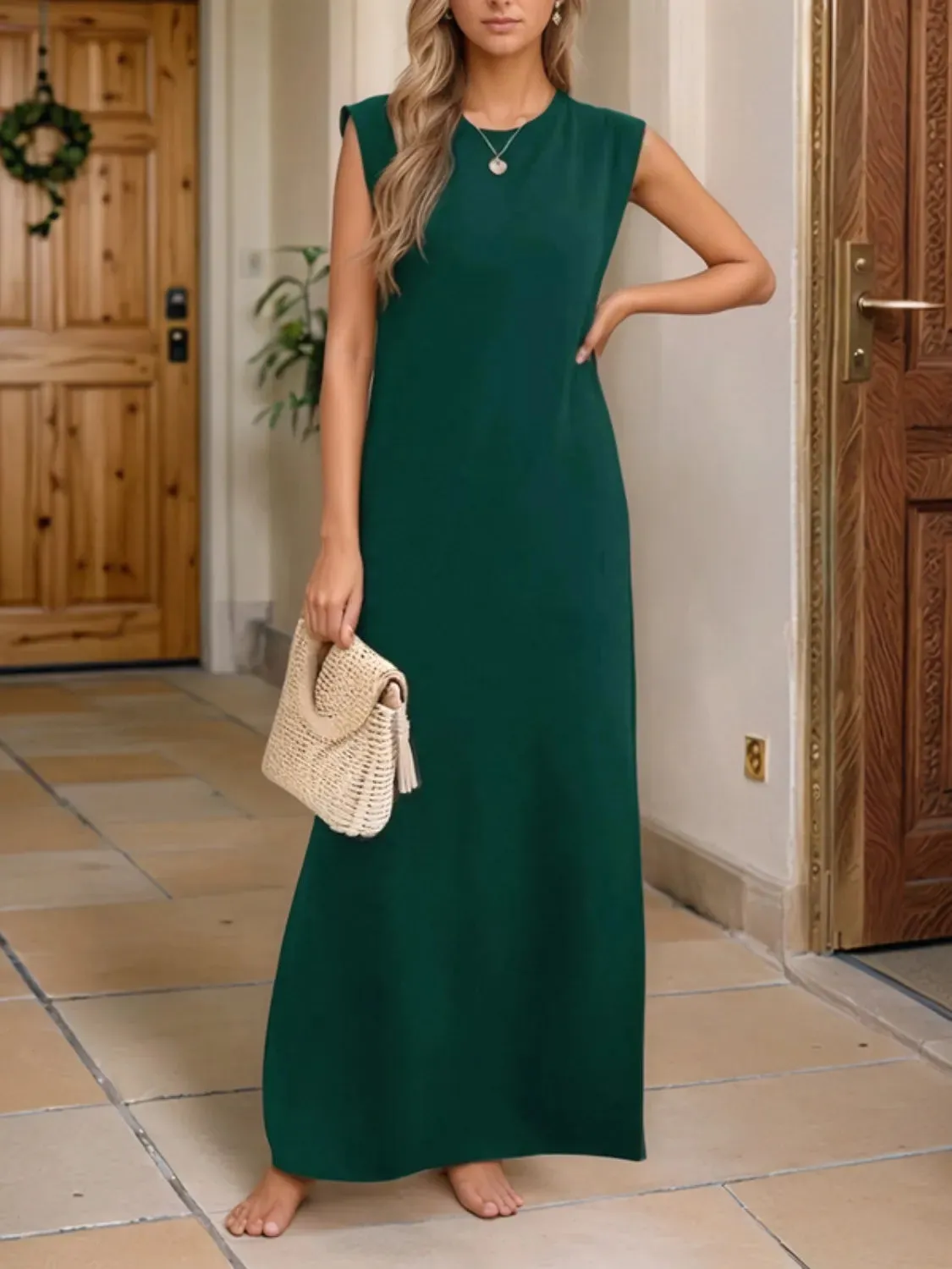 Full Size Slit Round Neck Sleeveless Maxi Tank Dress Plus Size