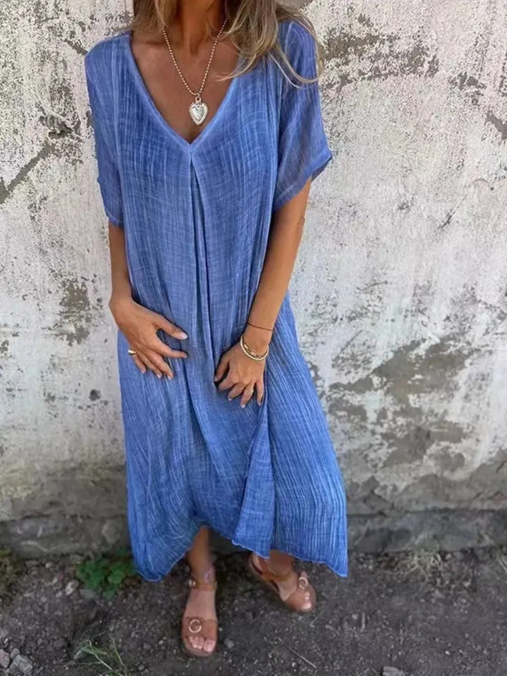 Full Size V-Neck Short Sleeve Midi Dress Plus Size