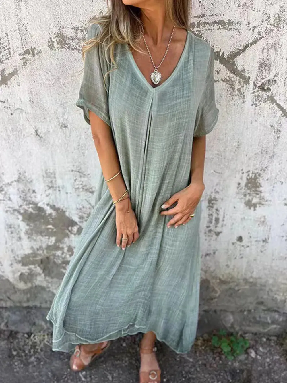 Full Size V-Neck Short Sleeve Midi Dress Plus Size