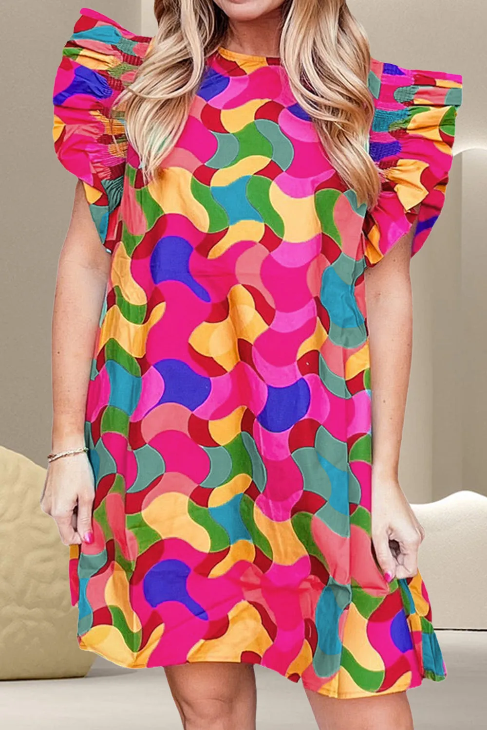 Gemma Contrast Print Round Neck Cap Sleeve Mini Dress