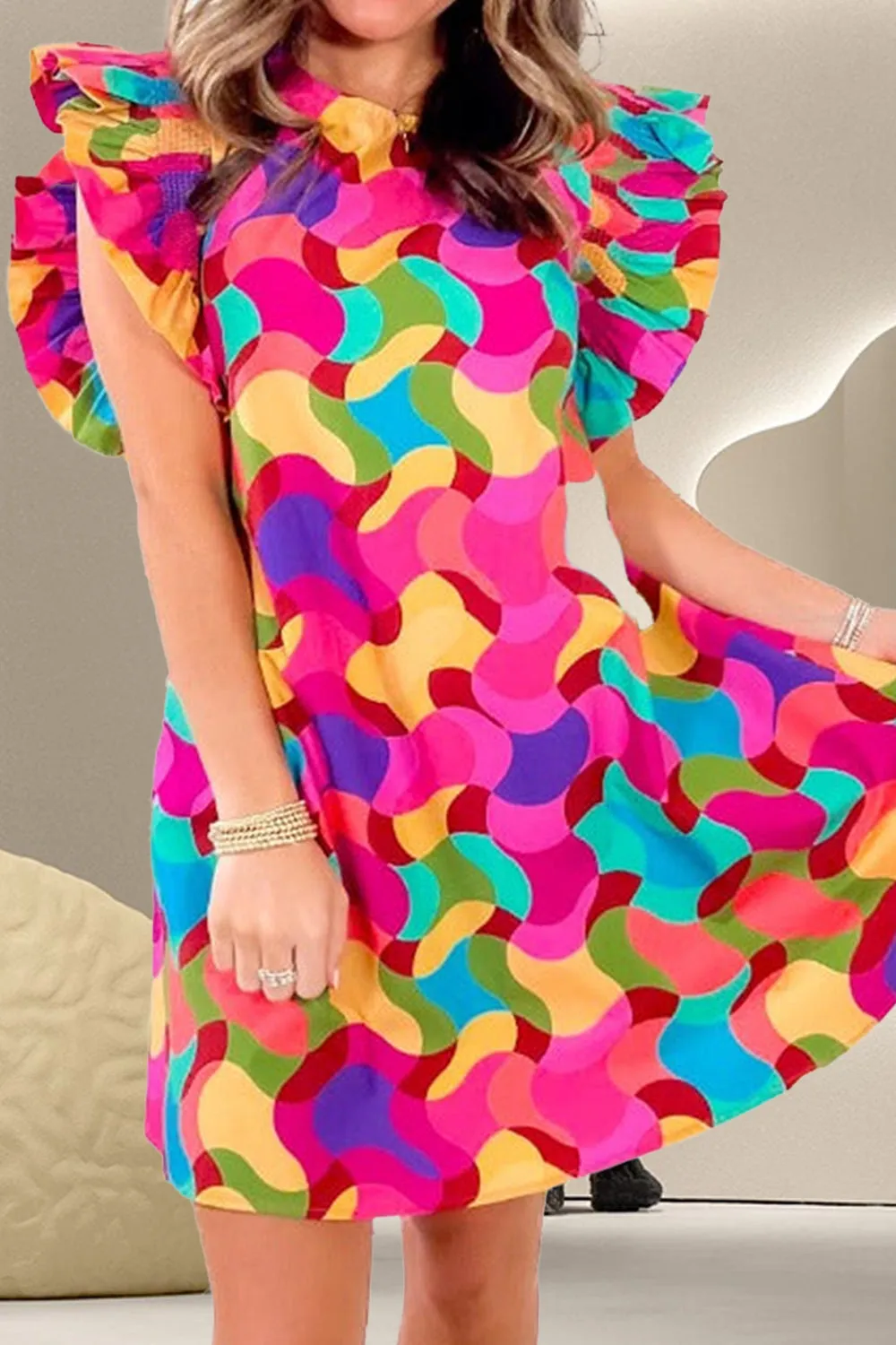 Gemma Contrast Print Round Neck Cap Sleeve Mini Dress