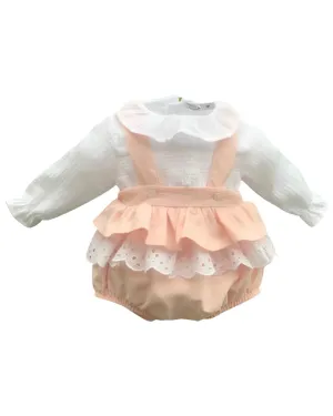 Girls White & Coral Ruffle Set