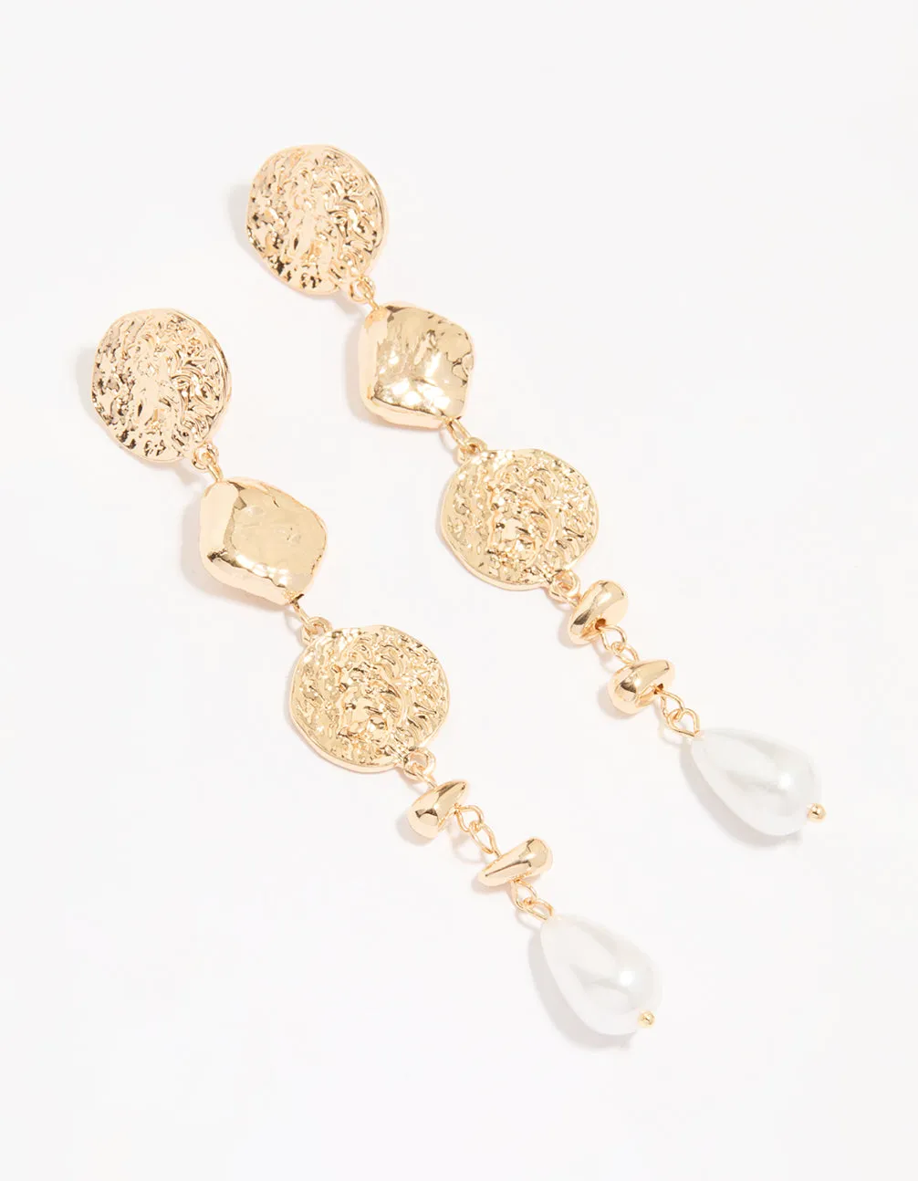 Gold Pearl Hammered Drop Earrings