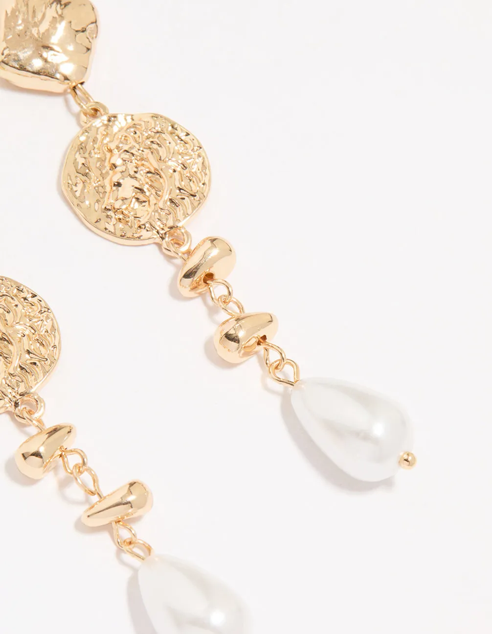 Gold Pearl Hammered Drop Earrings