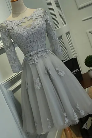 Gray A Line Homecoming Dress with Half Sleeves,Lace Appliqued Short Prom Dresses OK463