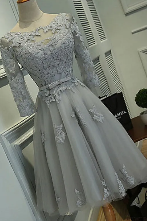Gray A Line Homecoming Dress with Half Sleeves,Lace Appliqued Short Prom Dresses OK463