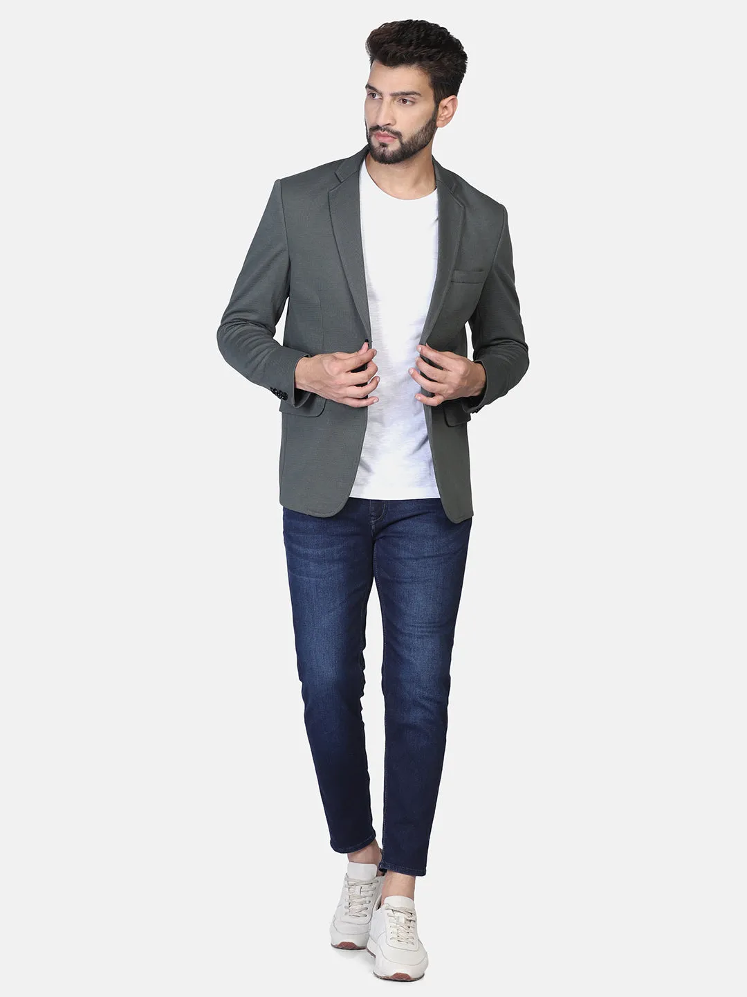 Green Textured Stretchable Blazer