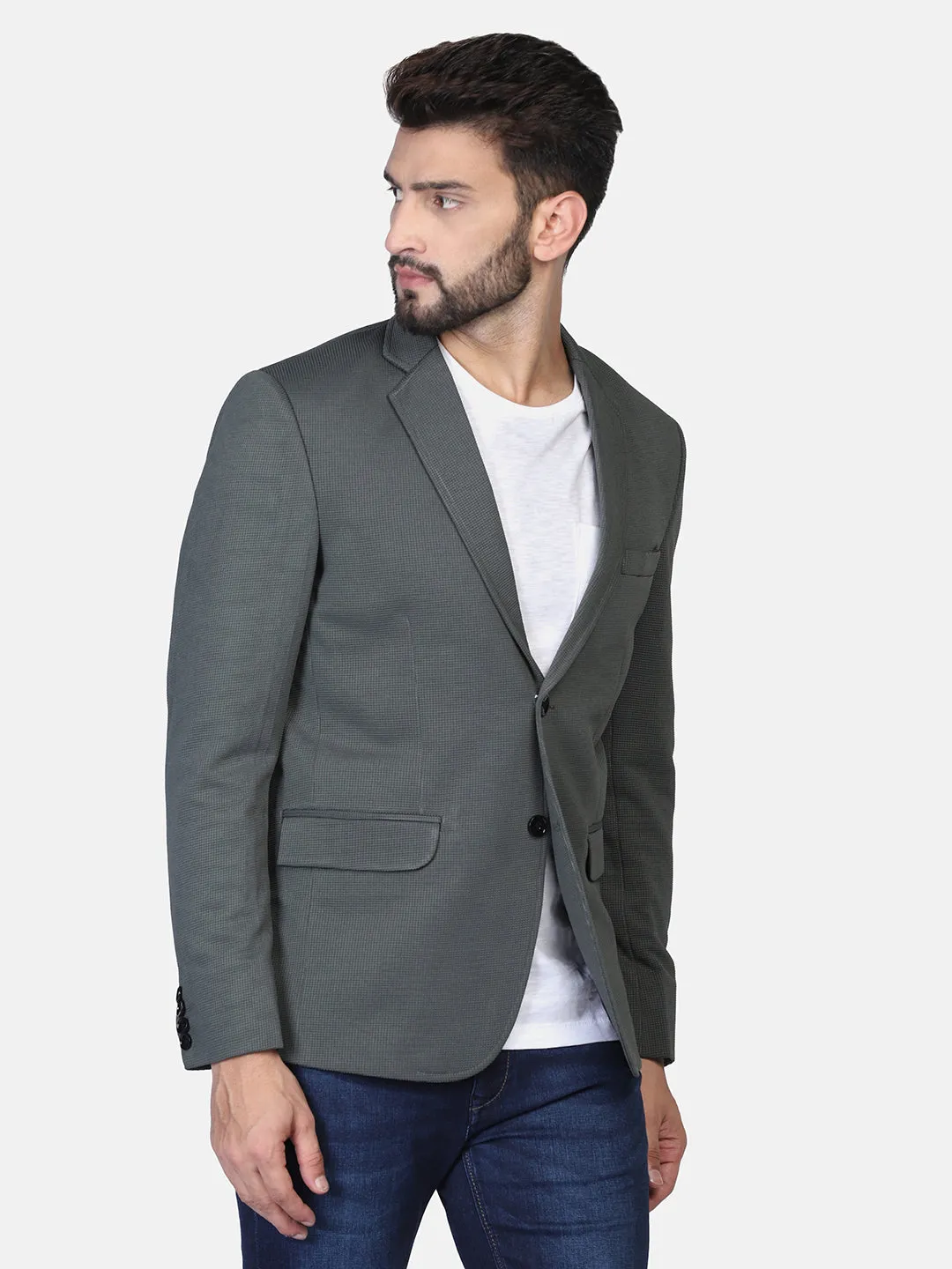 Green Textured Stretchable Blazer