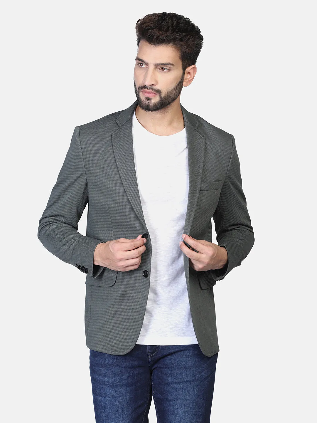 Green Textured Stretchable Blazer