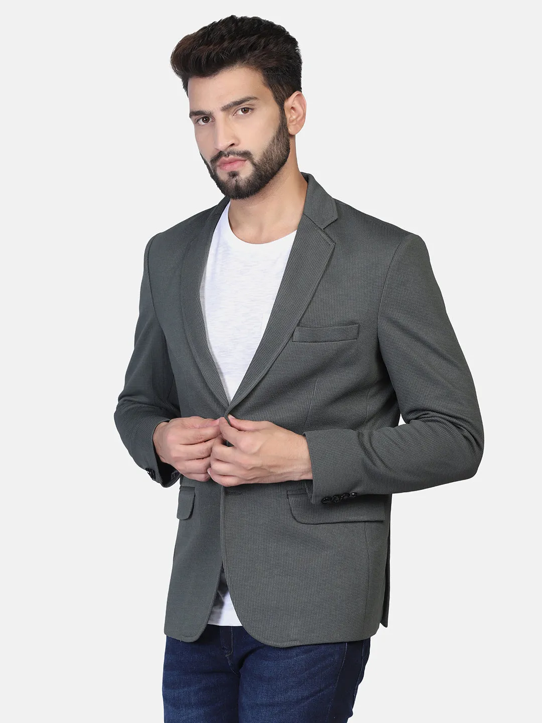 Green Textured Stretchable Blazer