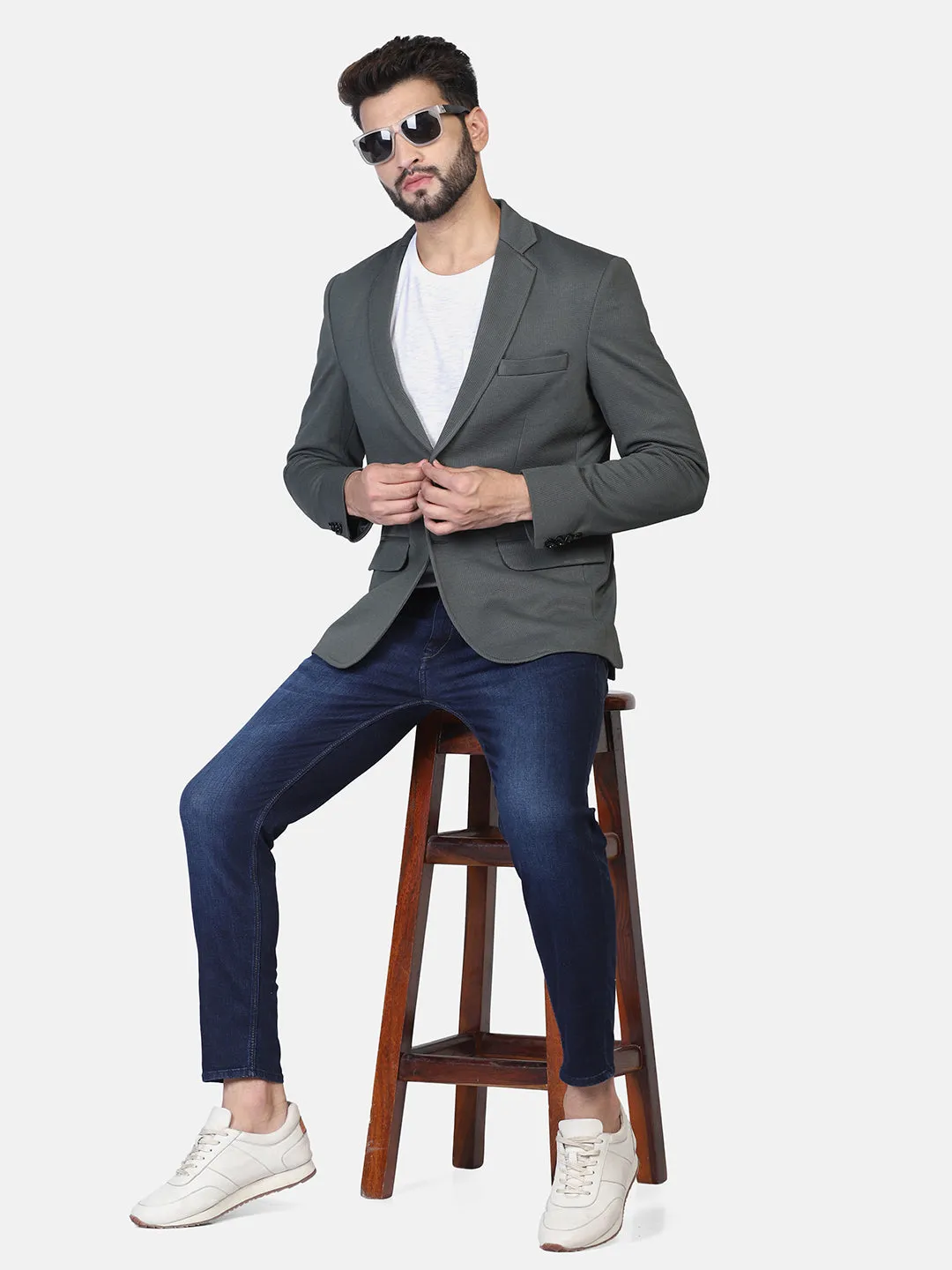 Green Textured Stretchable Blazer