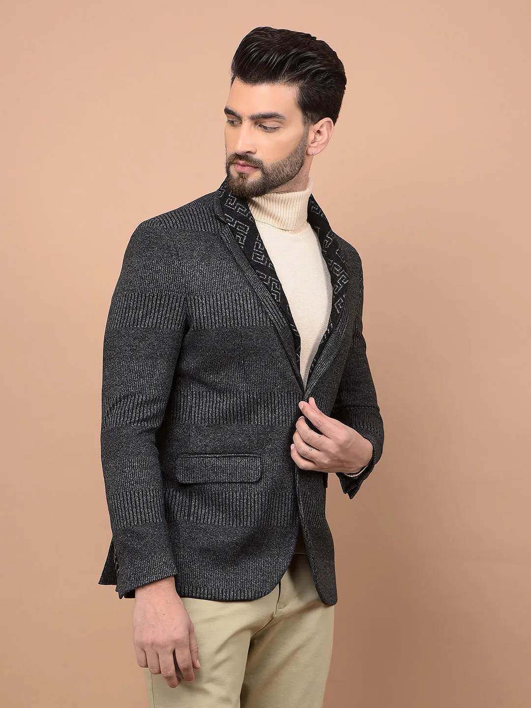 Grey Jacquard Single Breasted Blazer