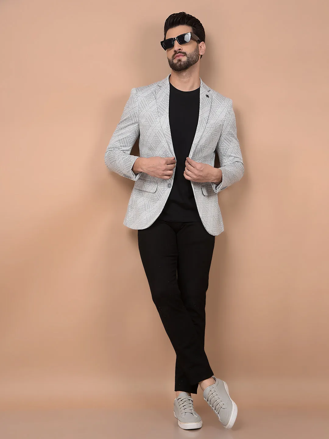 Grey Jacquard Single Breasted Blazer