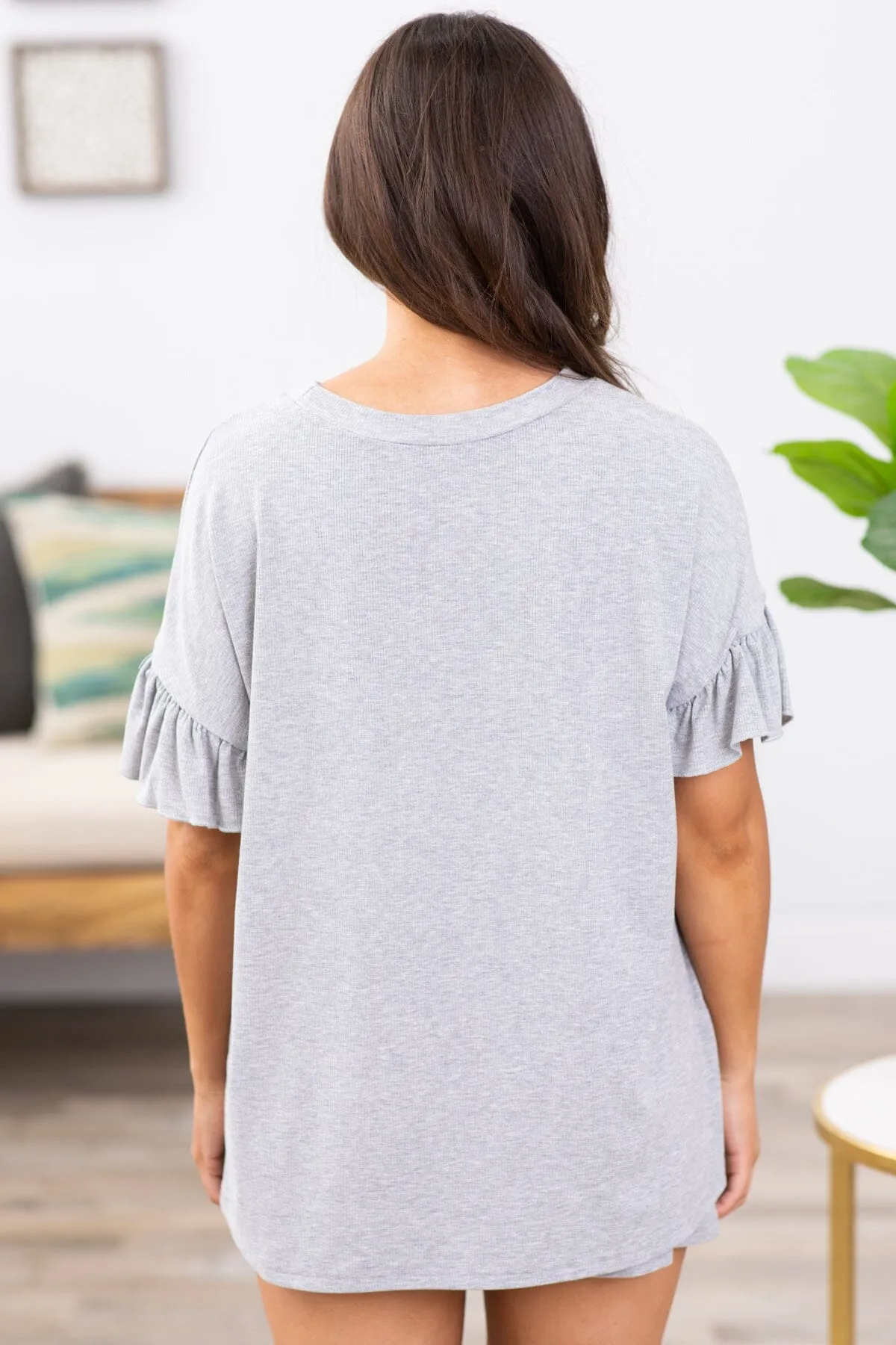 Grey Ruffle Trim Top and Shorts Lounge Set