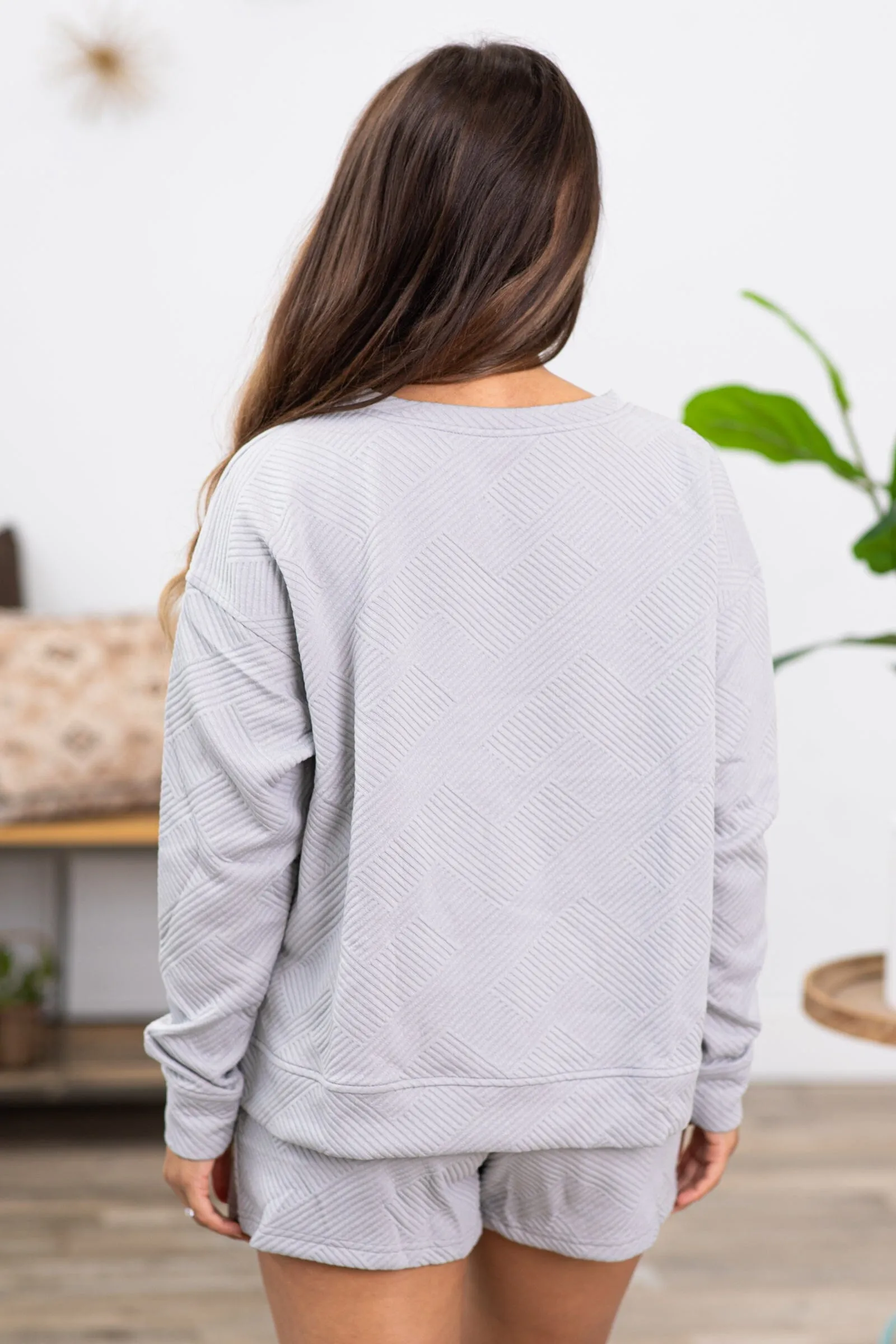 Grey Textured Long Sleeve Top and Shorts Set