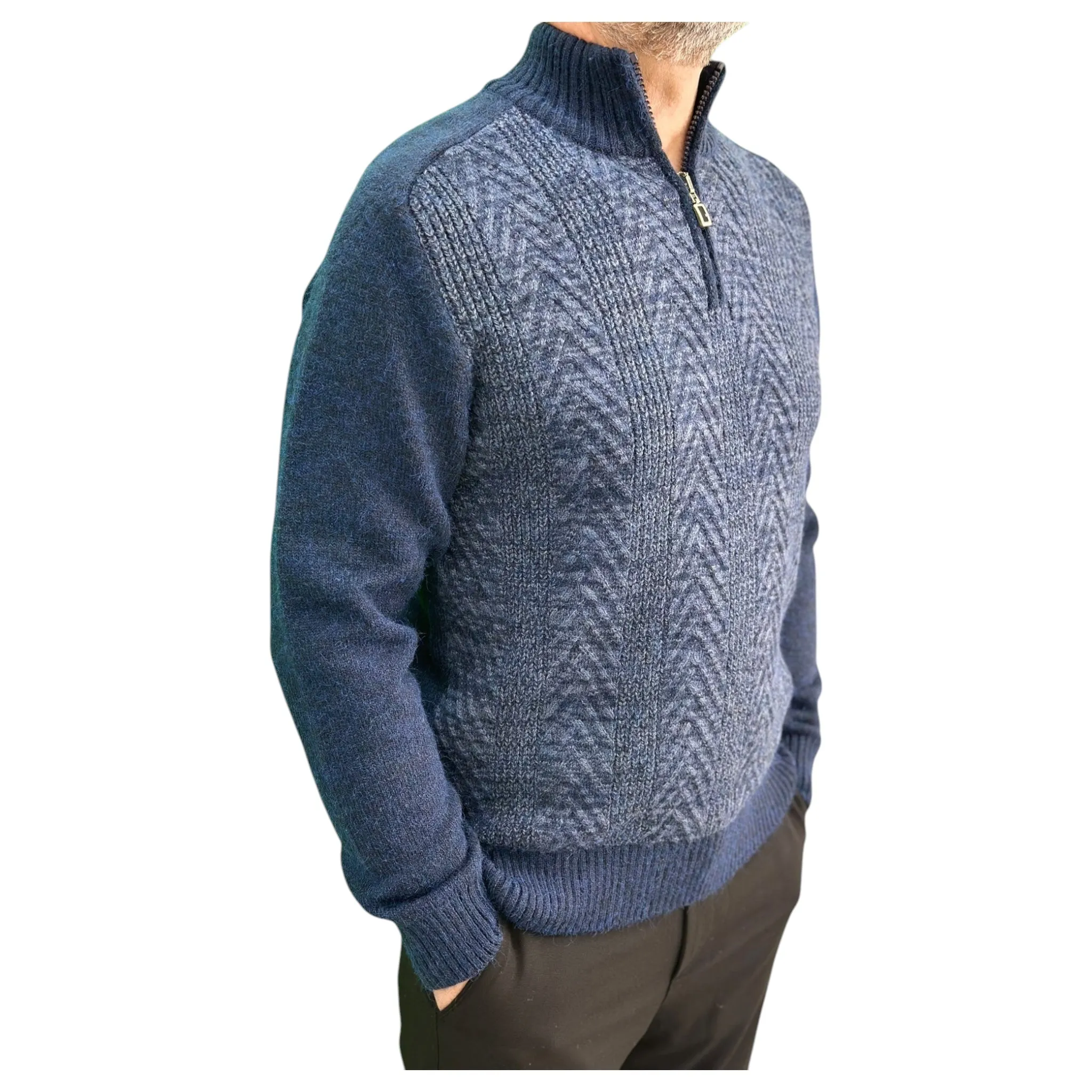 Gunky Winter Crew Neck Sweater- 100% Wool -  Navy Blue - with Light Gray