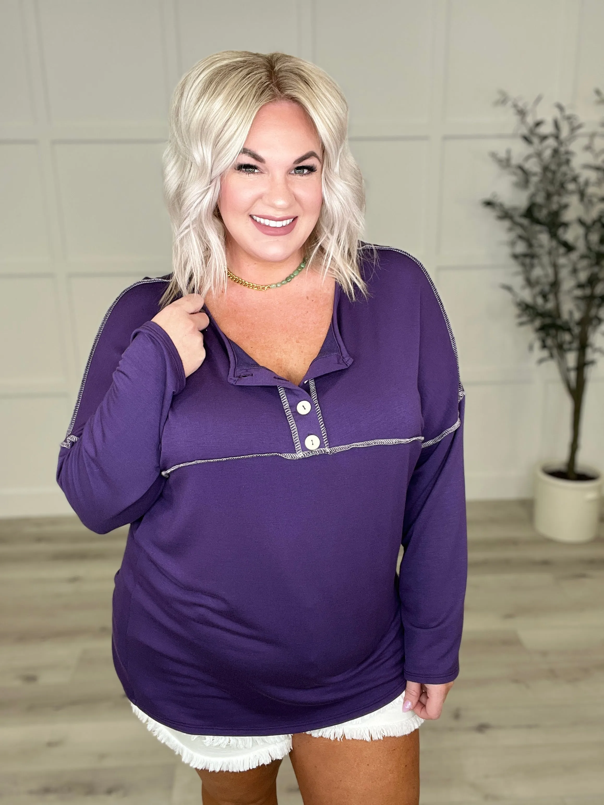 Happiest in Spring Long-Sleeved Henley Top in Royal Purple