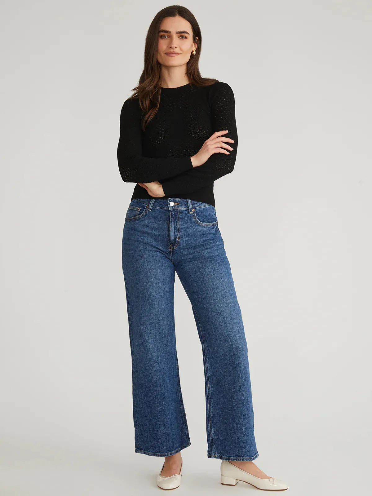 Holly Pointelle Crewneck Pullover - Black