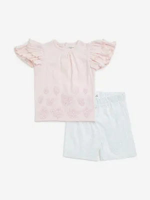 HOP Baby Pink Embroidered Cotton Blend Top & Shorts Set