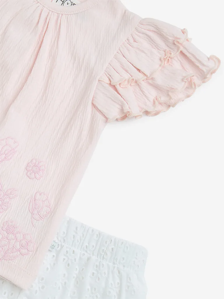 HOP Baby Pink Embroidered Cotton Blend Top & Shorts Set