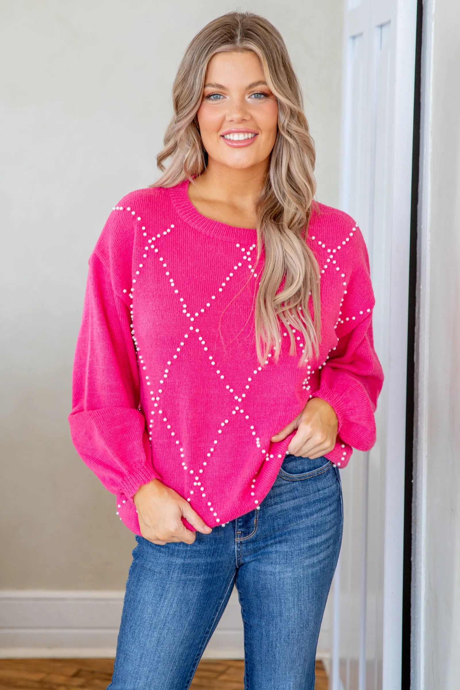 Hot Pink Pearl Beaded Sweater