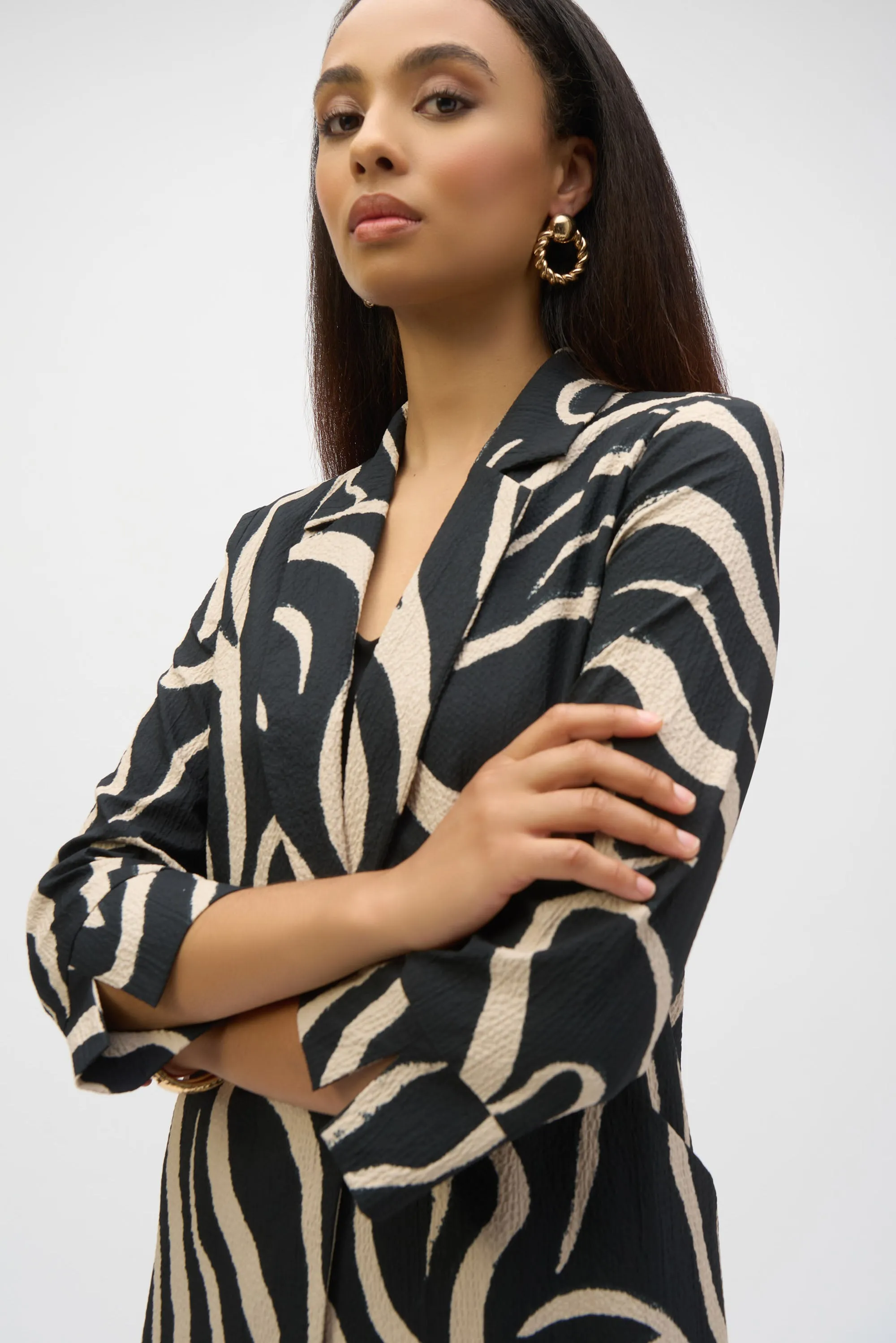 Joseph Ribkoff Black/Parchment Abstract Print Straight Blazer Style 252152