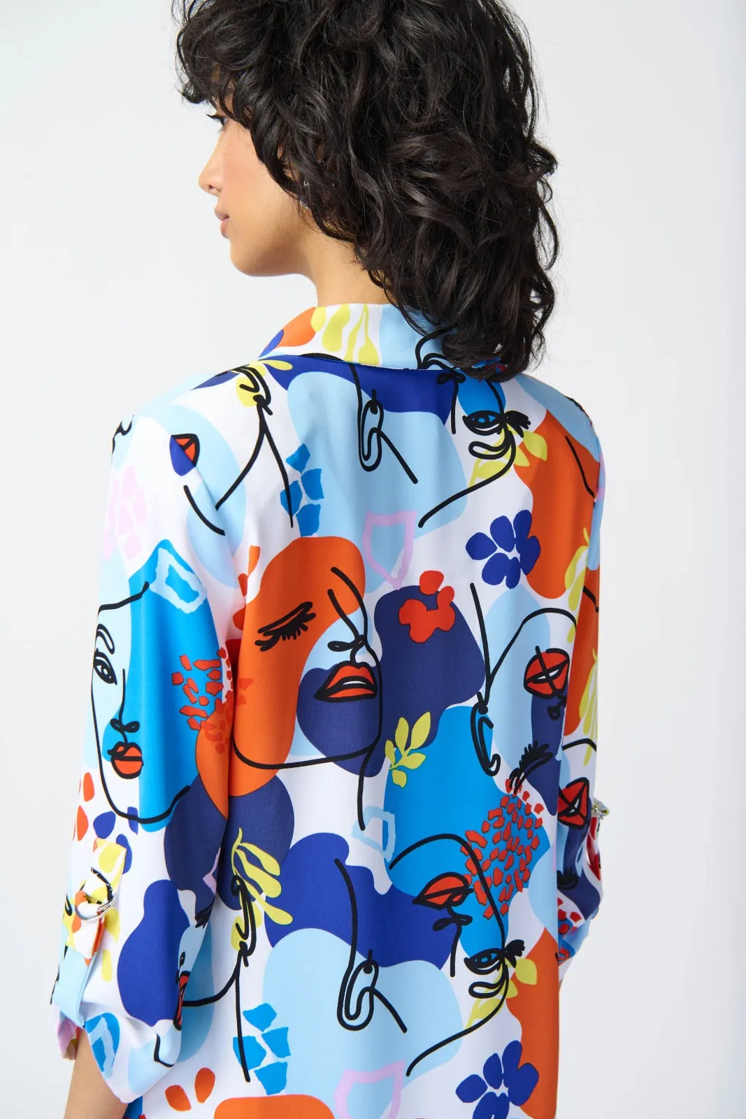 Joseph Ribkoff Vanilla/Multi Face Print Open Front Woven Blazer Style 241146