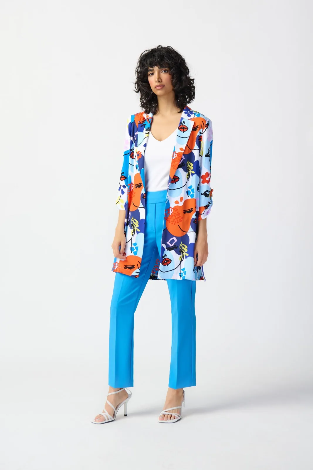 Joseph Ribkoff Vanilla/Multi Face Print Open Front Woven Blazer Style 241146