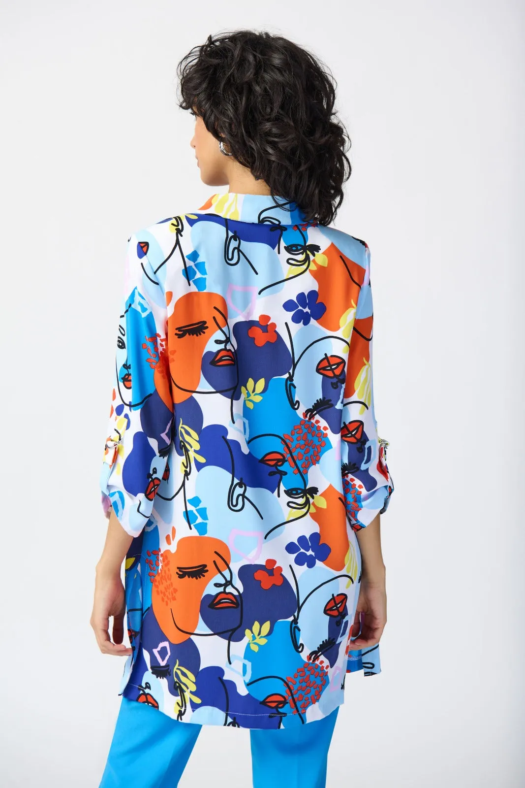 Joseph Ribkoff Vanilla/Multi Face Print Open Front Woven Blazer Style 241146