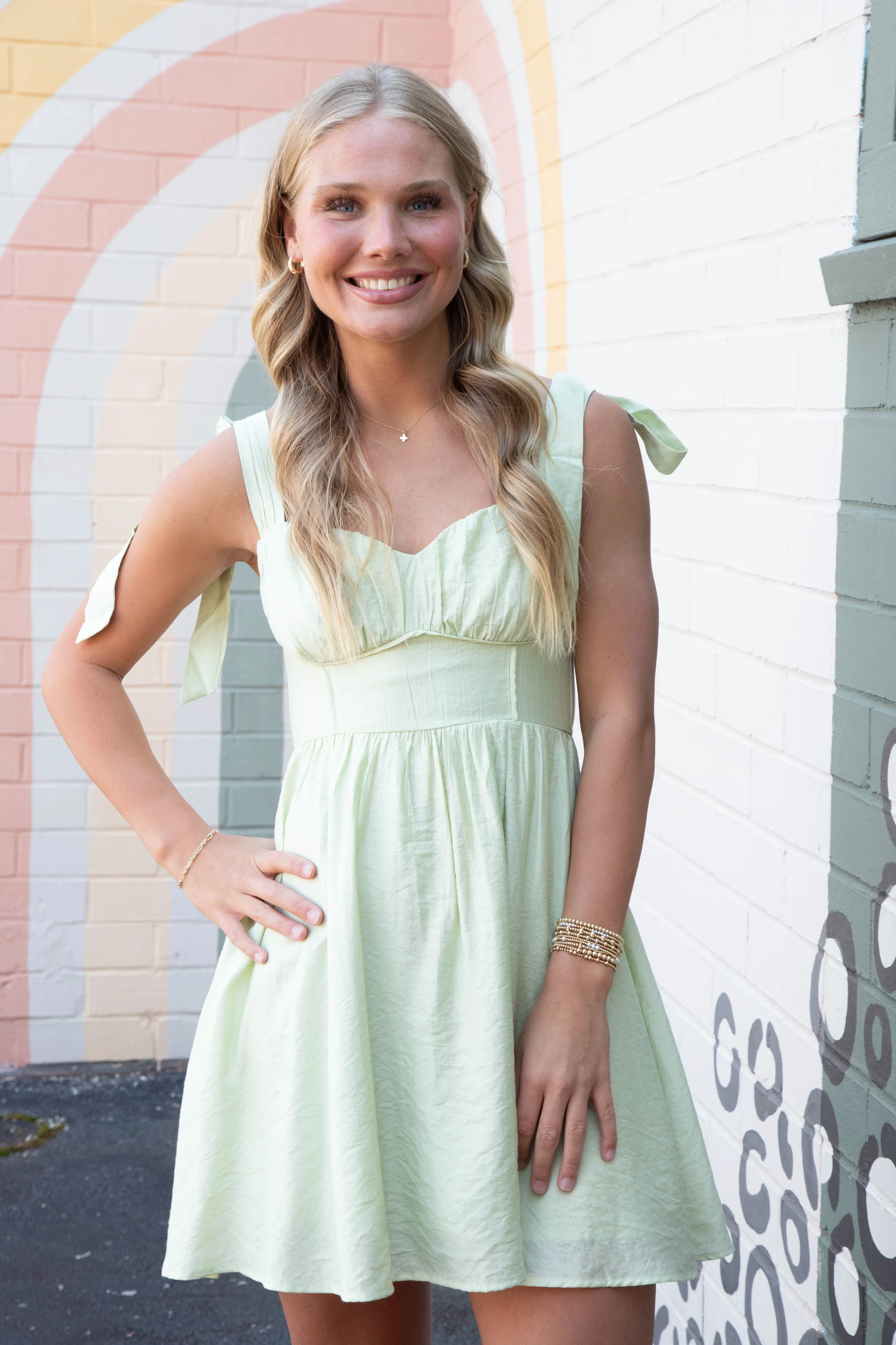 Kali Corset Tie Strap Mini Dress, Light Sage