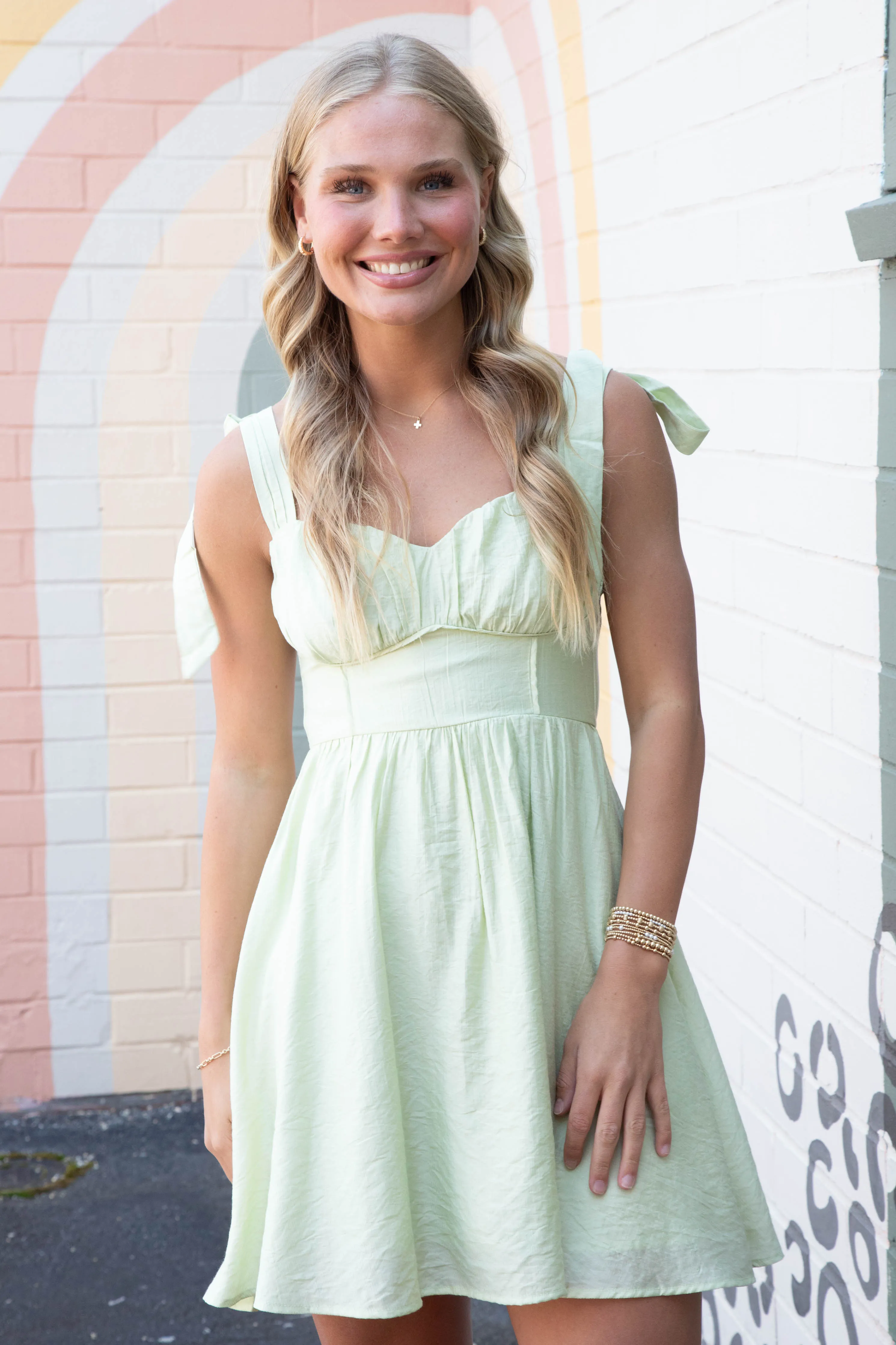 Kali Corset Tie Strap Mini Dress, Light Sage